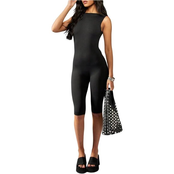 Tops - Stylish Women's Backless Romper with Stretch for Gym, Dance, and Leisure - Large